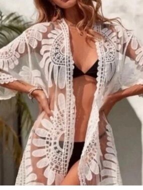Sheer White and cream/beige Crochet Lace Swim Cover-Up Kimono